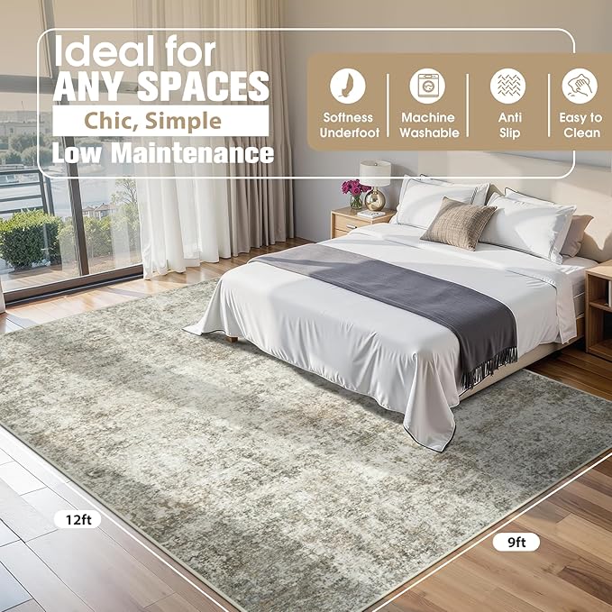 9x12 Area Rugs for Living Room Rug Washable: Abstract Large Rug for Dining Room Bedroom Carpet Non Slip 9 by 12 Indoor Modern Nursery Home Office Beige Brown