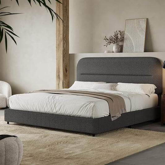 Full Size Boucle Bed Frame, Soft Upholstered Headboard, Thickened Footboard, Rounded Corners, No Box Spring Needed, Easy Assembly, Grey