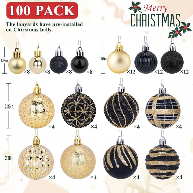 100ct Christmas Ball Ornaments Set, Black and Gold Shatterproof Hand-Painted Hanging Baubles Decoration Bulk for Xmas Tree, Wreath, Garland, Home Holiday Decor
