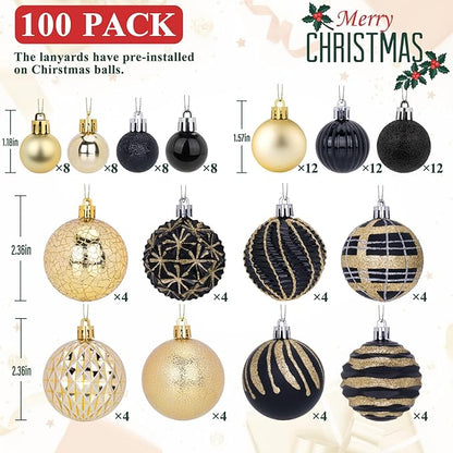 100ct Christmas Ball Ornaments Set, Black and Gold Shatterproof Hand-Painted Hanging Baubles Decoration Bulk for Xmas Tree, Wreath, Garland, Home Holiday Decor