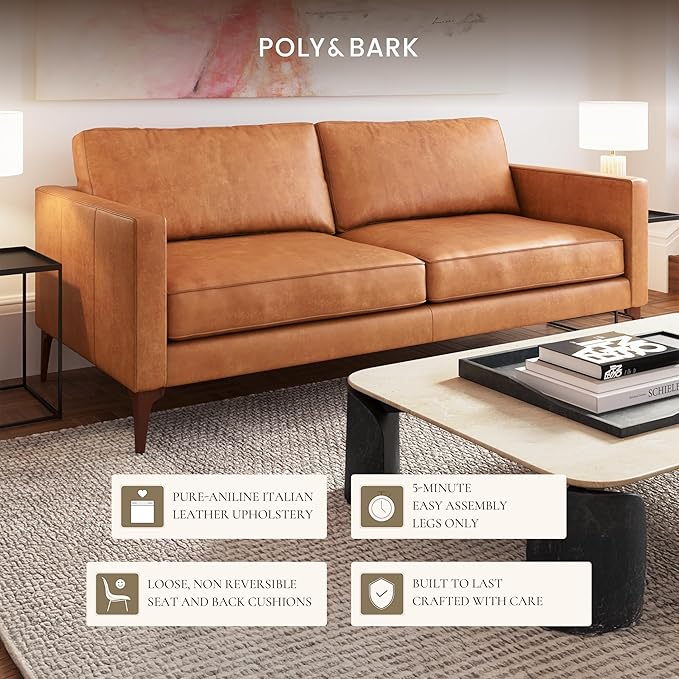 POLY & BARK Mateo Leather Sofa 82" in Full-Grain Pure-Aniline Italian Tanned Leather in Cognac Tan