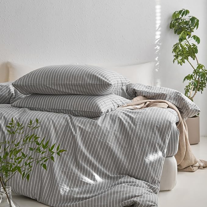 MooMee Striped Duvet Cover Set 100% Washed Cotton Linen Like Textured Breathable Durable Soft Comfy (Light Grey White Wide Stripes, Palatial King/Oversized King 120"x98")