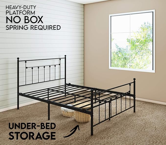 Golden Gate Beds Victorian Style Metal Platform Bed Frame with Antique Wrought Iron-Art Headboard and Footboard, Classic Cama Steel Mattress Foundation, No Box Spring Needed, Queen Size, Black Finish