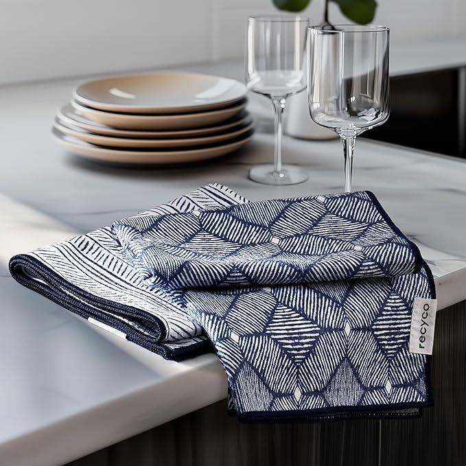 RECYCO Waffle Kitchen Towels Set of 2 Quick Dry Microfiber Sustainable Lightweight Hand Towels Indigo Harmony 16x28