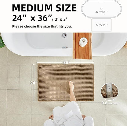 Waffle Bath Mat, Boho Bathroom Rugs Non Slip Washable Super Absorbent Quick Dry Farmhouse Bathroom Decor, 36"x24" Khaki