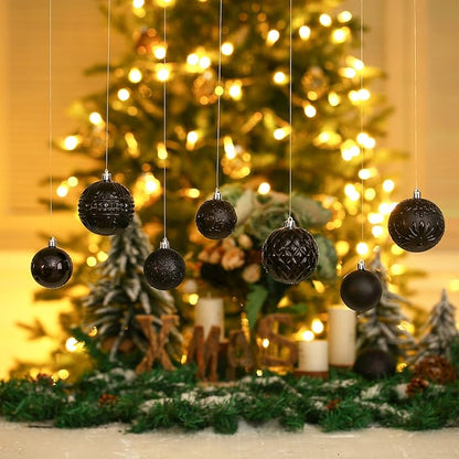 Christmas Ball Ornaments Black Christmas Tree Decorations with Hang Rope-36pcs Shatterproof Christmas Ornaments Set with 6 Styles in 3 Sizes(Small Medium Large)