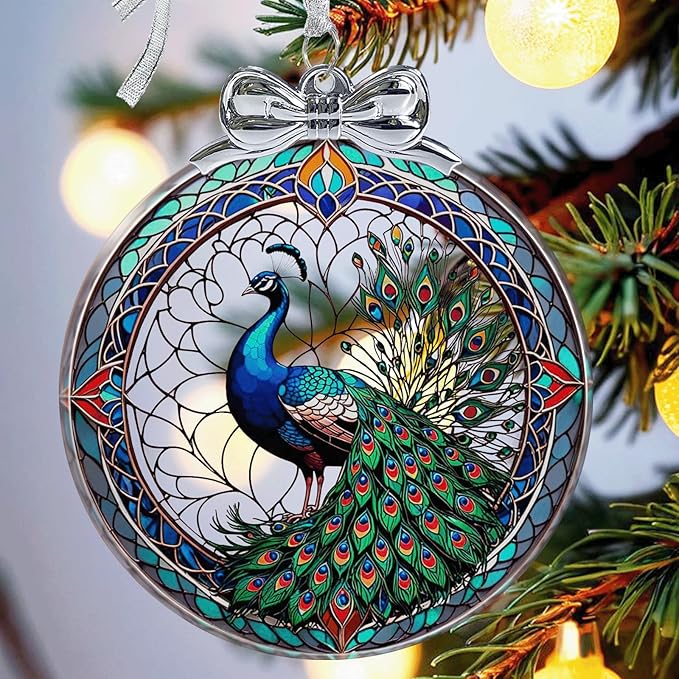 Peacock Christmas Ornament Glass- Hanging Ornaments for Christmas Tree, Christmas Ornaments Xmas Decorations for Peacock Lovers, Holiday Keepsake Present Exchange Ideas