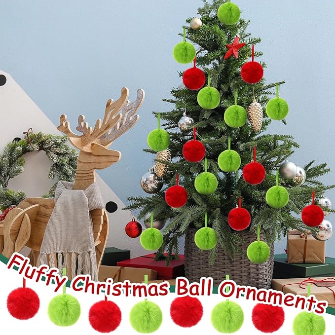 24 Pcs Red and Green Furry Christmas Ball Ornaments for Tree 3.94 Inches Large Pom Pom Ball Christmas Hanging Decoration for Party Supplies Fireplace Mantel Wall Decor