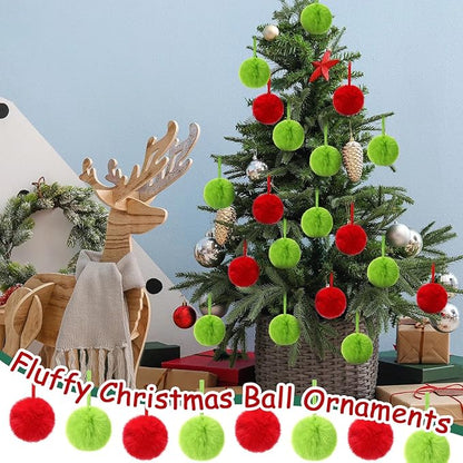 24 Pcs Red and Green Furry Christmas Ball Ornaments for Tree 3.94 Inches Large Pom Pom Ball Christmas Hanging Decoration for Party Supplies Fireplace Mantel Wall Decor
