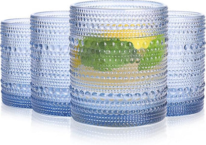 Blue Drinking Glasses Set of 4, 10 oz Hobnail Drinking Glasses - Blue Vintage Glassware for Beer, Cocktail, Soda, Juice, Coffee and Various Mixed Drinks