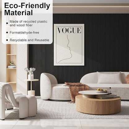 8-Pack WPC Wood Panels for Wall - 96 x 6.6 Inch 3D Acoustic Wall Panels, Water-Proof and Easy Installation, Accent Slat Wall Paneling for Living Room, Office, Black