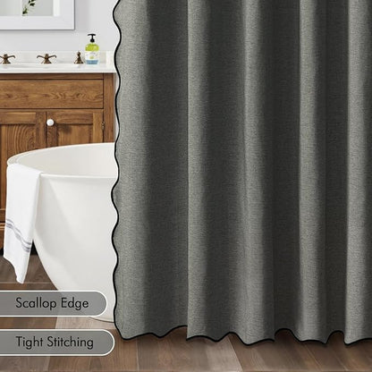 MIULEE Charcoal Grey Scalloped Shower Curtain Linen Textured with 12 Metal Hooks Cute Heavy Duty Washable Waterproof Thick Cloth Shower Curtains with Black Border for Bathroom Hotel Bathtub,W72*L72