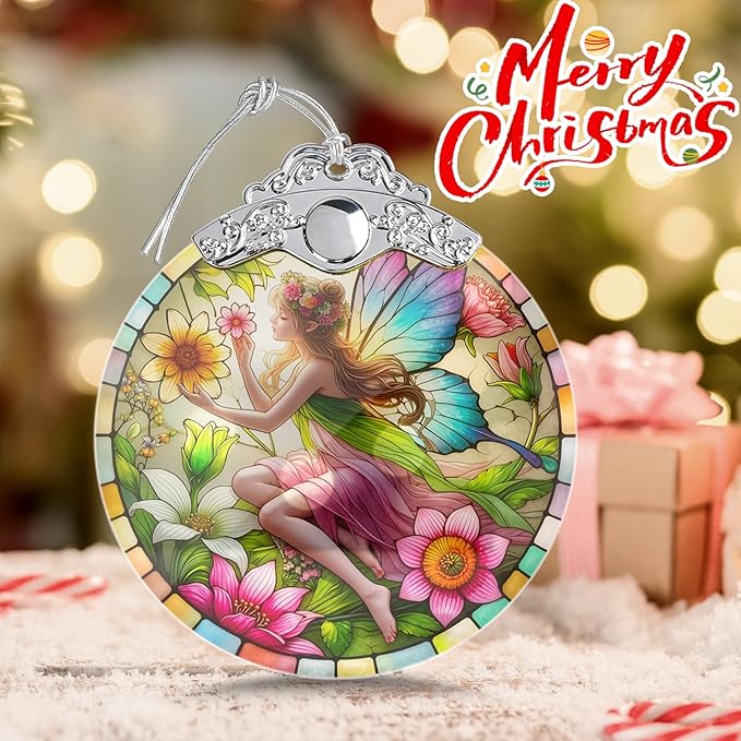 Stained Glass Fairy Christmas Ornaments, Fairy Christmas Tree Decoration, Hanging Xmas Tree Decor