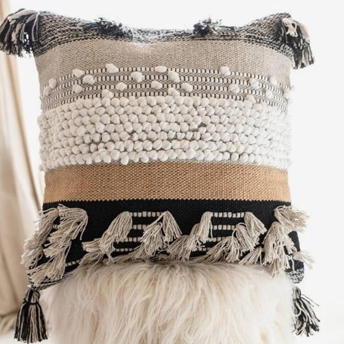 Throw Boho Pillow Cover, 18”x18” Bohemian Moroccan Rustic Decorative Pillows with Tufted Accents, Plush Handwoven Cotton, Textured Woven Neutral Farmhouse Scandinavian Home Decor