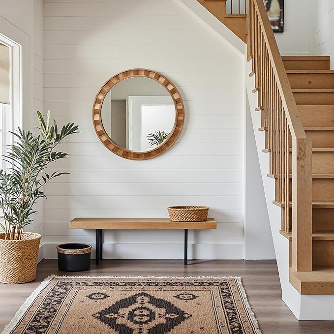 LuxenHome 28-Inch Round Wall Mirror, Large Solid Wood Framed Accent Wall Mounted Mirror, Farmhouse Decorative Wooden Circle Mirrors for Bathroom, Entryway, Living Room, Bedroom Hanging Home Decor