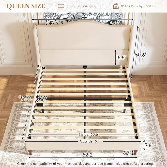 Queen Size Bed Frame Upholstered Platform Bed with 51" Tall Headboard Wingback, Soft Fabric, Retro Simple Style Platform Bed No Box Spring Needed, Easy Assembly, Beige