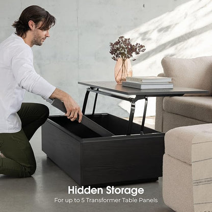 Transformer Expandable Dining Table for 2 to 12 with Coffee Table Panel Storage – Solid Wood Space-Saving Adjustable Dining Furniture (Black, Table + Coffee Table)