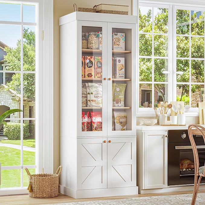 Vyre 71" Tall Farmhouse Bookshelves with Glass Doors, Large Modular Bookcase with Adjustable Shelves, Storage Cabinet for Living Room, Kitchen, Home Office, White