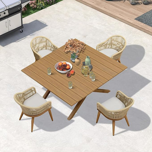 PURPLE LEAF 5 Pieces Oversized Square Patio Dining Set with Outdoor Aluminium Dining Table and Woven Chairs Modern Metal Furniture Cushions Sets for Garden Yard Indoor Decor Kitchen Teak