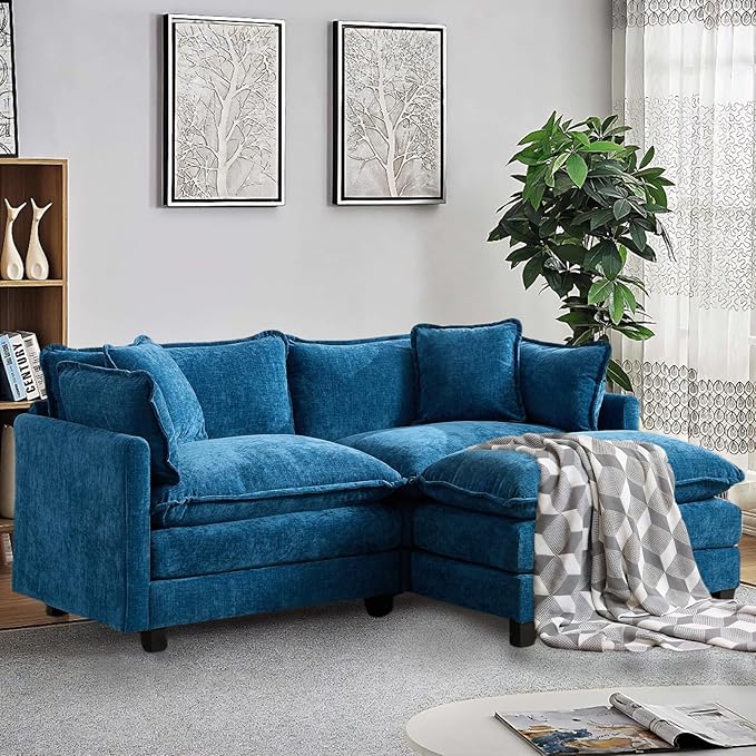 SoarFlash Chenille 71.6" Sectional Sofa, Comfy L Shaped Modular Coush Sofa with Ottoman, Modern 2 Seat Couch Deep Seat Sofa Set for Living Room,Blue