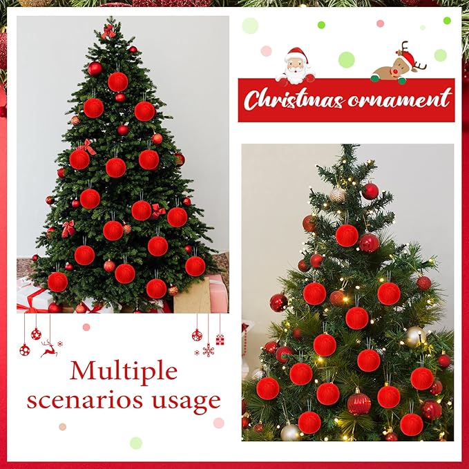 12Pcs Red Furry Christmas Ball Ornament for Xmas Tree Red Soft Faux Fur Pom Pom Ball Ornaments Christmas Tree Hanging Decorations for Winter Party Home Decor Costume Supplies