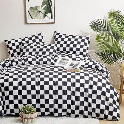 CLOTHKNOW Black White Plaid King Size Comforter Set 3Pcs Grid Bedding Comforter Sets Soft Checkered Comforter Black White Comforter with 2 x Pillow Cases