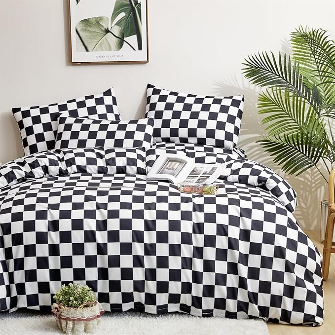 Pureant Black White Plaid Comforter Set King Size Black Checkerboard Grid Bedding Comforter Women Men Grid Quilts Soft Modern Black Buffalo Grid Comforter Boho Checkered Geomertic Bed