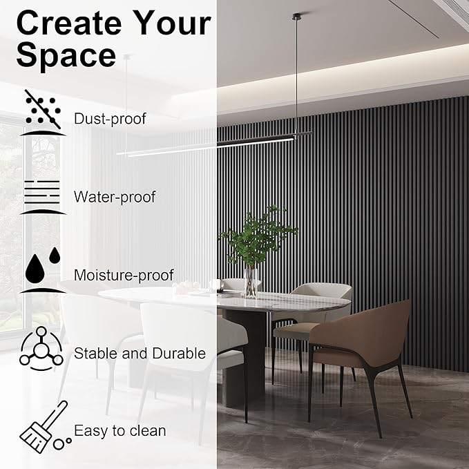 8-Pack WPC Wood Panels for Wall - 96 x 6.6 Inch 3D Acoustic Wall Panels, Water-Proof and Easy Installation, Accent Slat Wall Paneling for Living Room, Office, Black