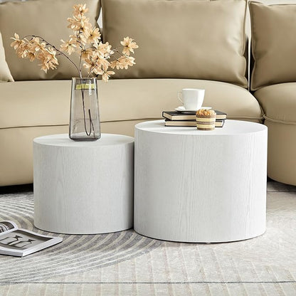 Nesting Coffee Table Set of 2, Modern Round Coffee Table with Non-Slip Feet, Wooden Circle Accent Tables for Small Spaces Living Room Bedroom Balcony Office Drum Side Table (White)