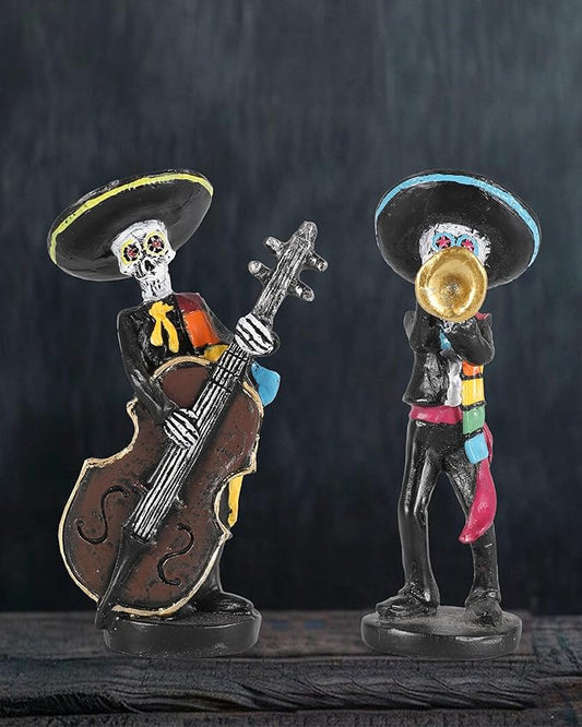 Day of The Dead Mariachi Skeleton Figurines 4.3'' – Set of 2 Hand-Painted Resin Día de Los Muertos Decorations – Mexican Folk Art Halloween Decor for Home, Altar, Table Centerpiece (Mariachi)