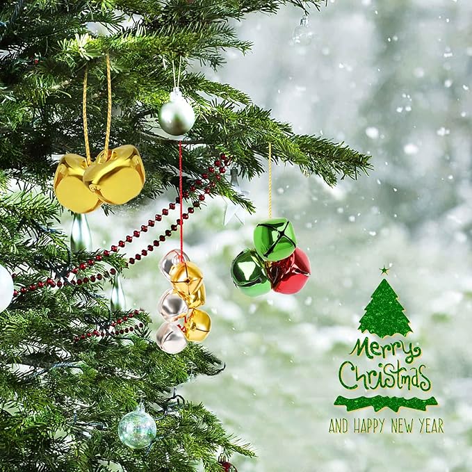 Augshy 240 Pieces Colorful Jingle Bells 4 Colors Mixed Craft Bell Bulk for Christmas Home and Pet Decorations Xmas Decor Party Favors Supplies (0.4/0.6/1 inch)