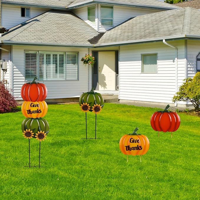 Pumpkin Yard Stakes Large 38.5" with Give Thanks Sign and Decorative Sunflowers, Fall Decorations for Home Outdoor Thanksgiving Decor and Fall Porch Decor