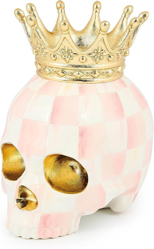 MACKENZIE-CHILDS Crowned Skull, Resin Halloween Home Decor, Pink-and-White Rosy Check