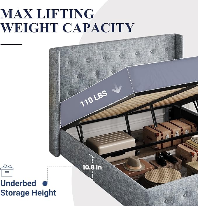 Allewie Queen Size Lift Up Storage Bed, Button Tufted Headboard with Wingback, Hydraulic Support, No Box Spring Needed, Grey Blue