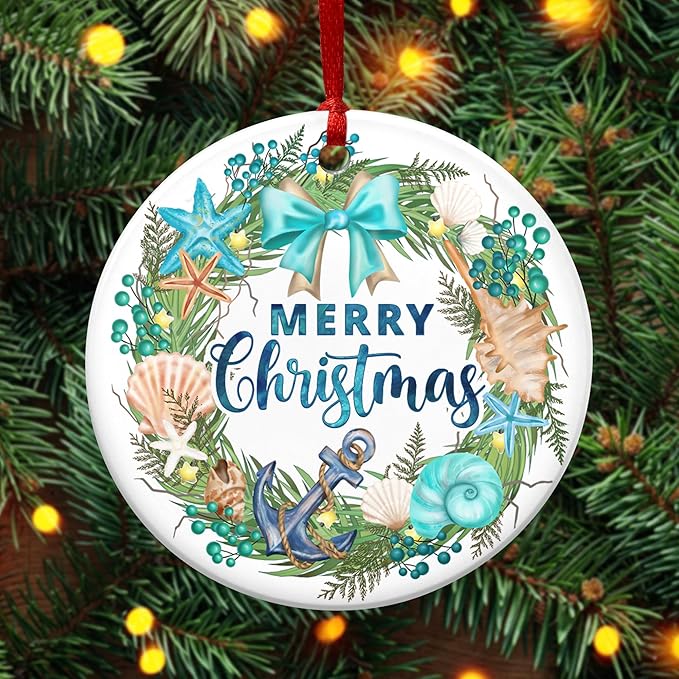 Beach Christmas Ornaments 2025 - Ceramic Ornaments for Tree - Beach Gifts for Women Men Friend, Ocean Ornaments for Christmas Decorations, Stocking Stuffers Ocean Gifts for Xmas Decorations
