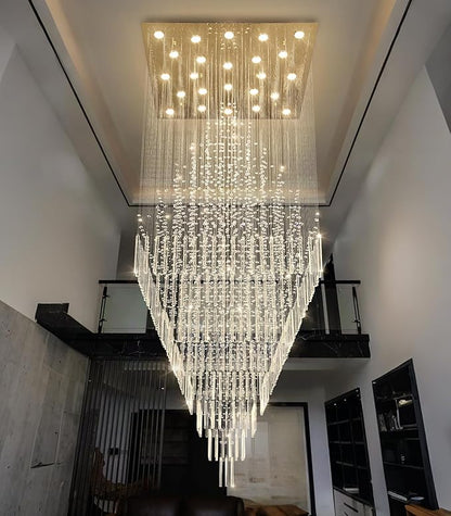 W47 x H120 Luxury Crystal Chandelier with LED Bulbs Glam Raindrop High Ceiling Square Light Chandeliers for Entrance Large Villa Foyer Living Room Lighting Fixtures Gold