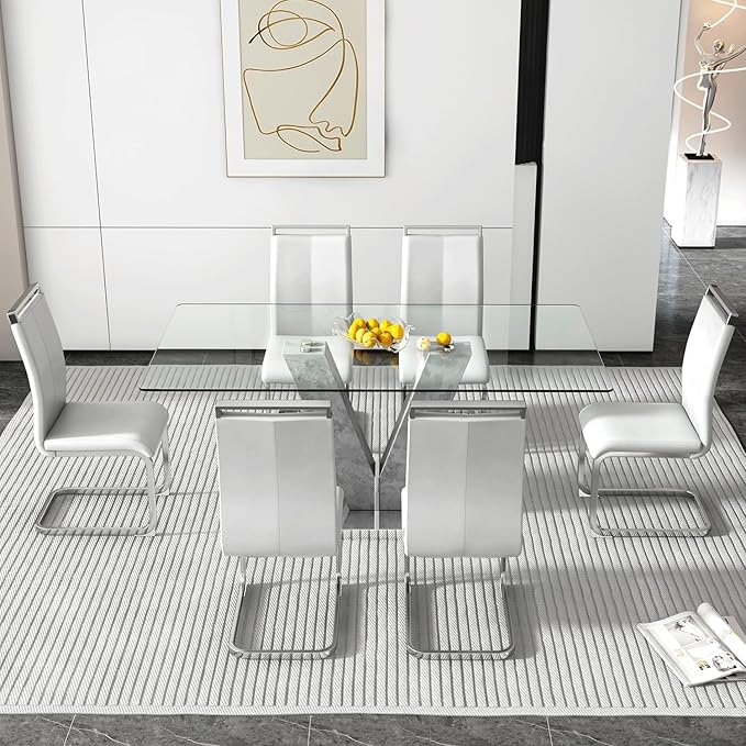 71" Glass Dining Table Set for 6, Kitchen Table and 6 PU Leather Chairs, Dining Table Set Ideal for Living Room