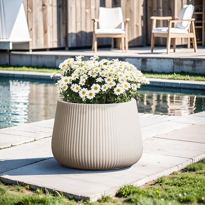 LuxenHome 15.5" Dia Round Planter, Large Indoor Outdoor Plant Pot with Drainage Hole and Rubber Plug, Handmade Modern Off-White Ripped Concrete Planter Pot, Flower Pot for Home Garden Patio Porch