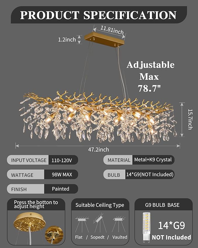 Tree Branch Chandelier Modern Gold Crystal Chandeliers 14 Lights Rectangular 47.2" Hanging Pendant Light Fixture for Kitchen Island Living Room Dining Room Foyer Entryway