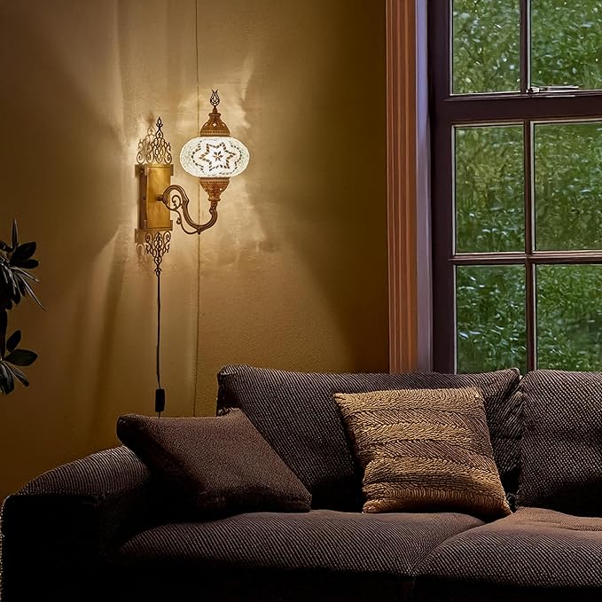 Turkish Moroccan Mosaic Plug-in Wall Sconce Lamp, Handmade Tiffany-Style Glass Globe, Ornate Brass Base, 5.2ft Cord, Decorative Lighting for Living Room, Bedroom, Dining Room,15x5 in, White & Clear