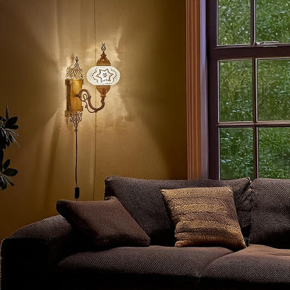 Turkish Moroccan Mosaic Plug-in Wall Sconce Lamp, Handmade Tiffany-Style Glass Globe, Ornate Brass Base, 5.2ft Cord, Decorative Lighting for Living Room, Bedroom, Dining Room,15x5 in, White & Clear