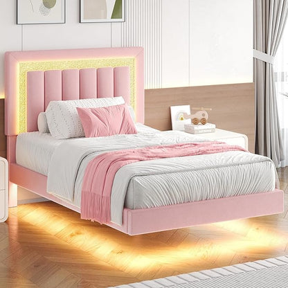 HOMBCK Floating Twin Bed Frame with Smart LED Lights, Faux Leather Upholstered Platform Bed with Diamond Headboard, No Box Spring Needed, Noise-Free, Easy Assembly, Pink