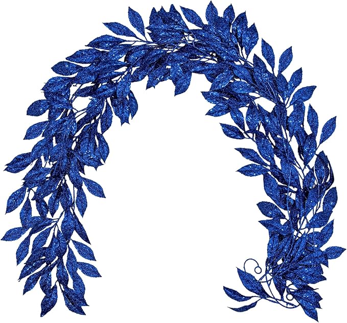 3 Pcs 6FT Christmas Garland Blue Glittered Artificial Magnolia Leaves for Mantle Christmas Tree Decorations Indoor Outdoor Hanging Garland Ornaments Garden Door Wall Window Stair Holiday Home Decor
