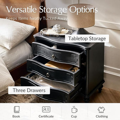 HULALA HOME Wood Nightstand with Charging Station, 3 Drawer Traditional Nightstands, End Table with Solid Wood Legs for Bedroom, USB Ports & Three-Prong Plugs, Black