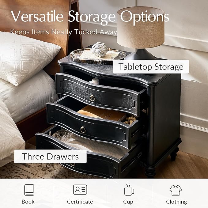 HULALA HOME Wood Nightstands Set of 2 with Charging Station for Bedroom, 3 Drawers Traditional Nightstand Solid Wood Legs, USB Ports & Three-Prong Plugs, Black