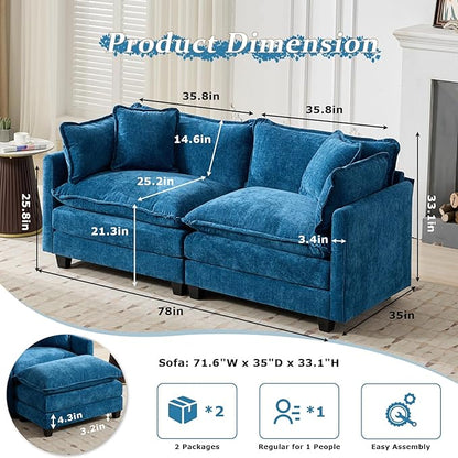 SoarFlash 71.6" Chenille Sectional Sofa, Comfy Modular Loveseat Sofa, Modern 2-Seat Couch Deep Seat Sofa Set for Living Room,Blue