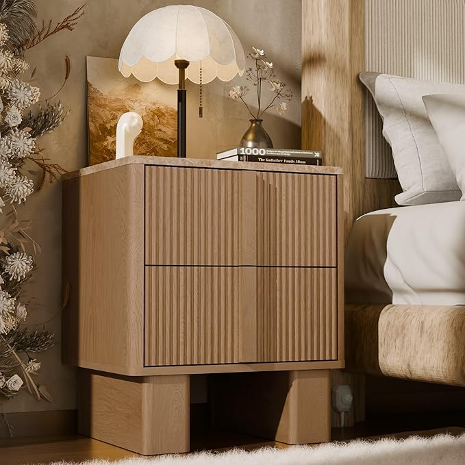Fluted Night Stand with Charging Station, 22" Tall END Table with 2 Large Storage Drawers and 2 Widened Reinforced Legs, Modern Bedside Table for Bedroom, Living Room, Natural Oak