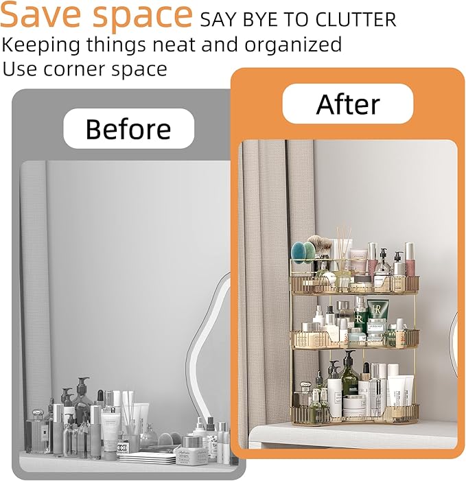 Corner Bathroom Counter Organizer with Top Toothbrush Holders, 3-Tier Make Up Organizers for Vanity with Brush Holder, Corner Storage for Bathroom, Kitchen, Dresser