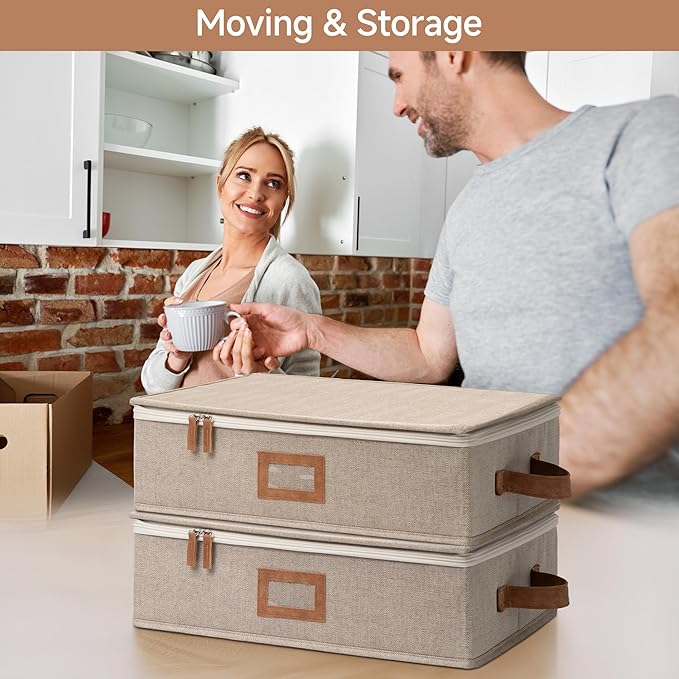 StorageWorks China Storage Container, Stackable Mug Storage Box with Dividers, Stemware Storage Cases, Hard Shell China Cup Organizer, Holds 12 Tea Cups and Coffee Mug, 2 Pack, Brown and Beige