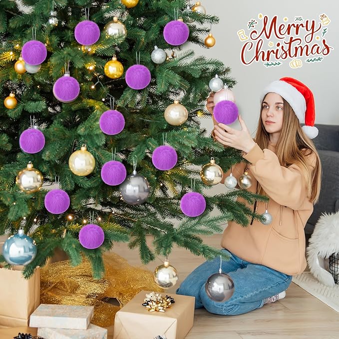12Pcs Furry Christmas Ball Ornament for Xmas Tree Purple Soft Faux Fur Pom Pom Ball Ornaments Christmas Tree Hanging Decorations for Winter Party Home Decor Costume Supplies